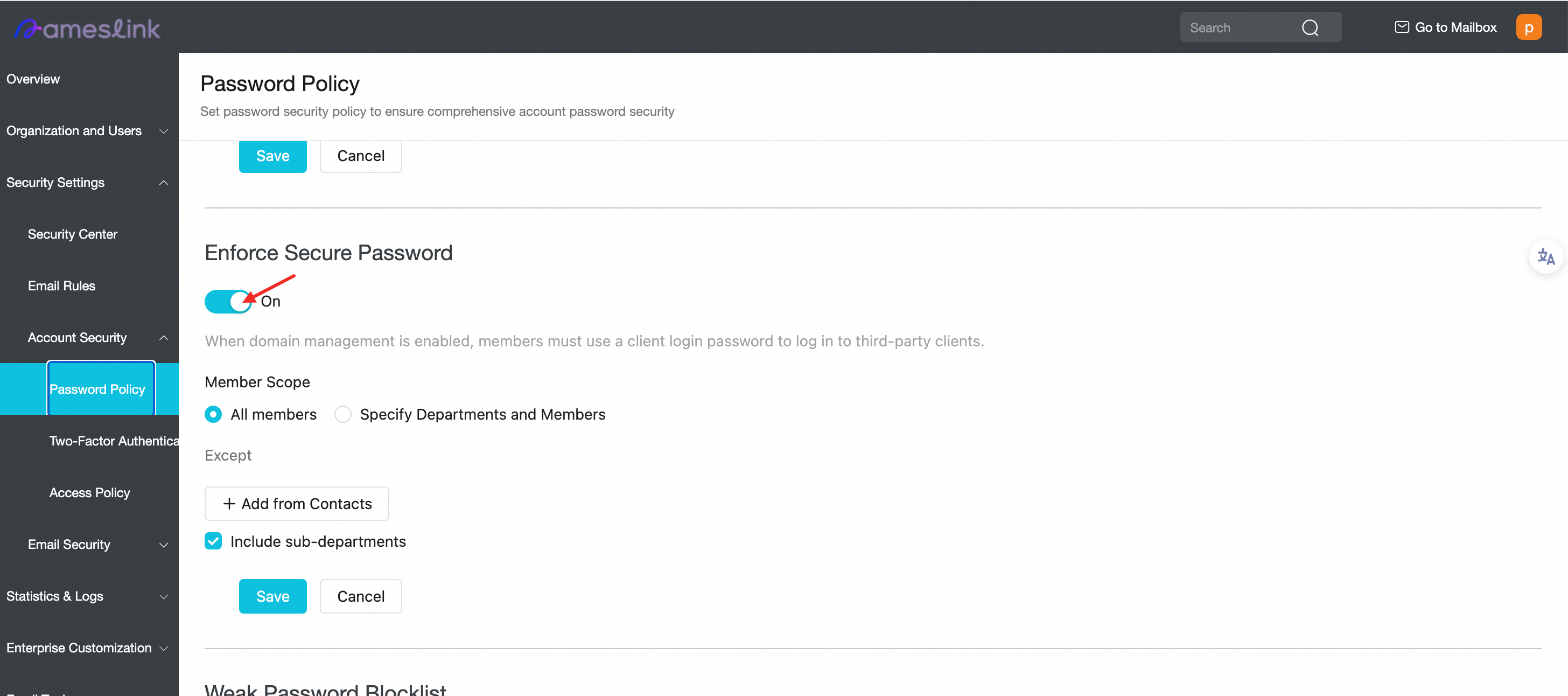 打开 Enforce Secure Password