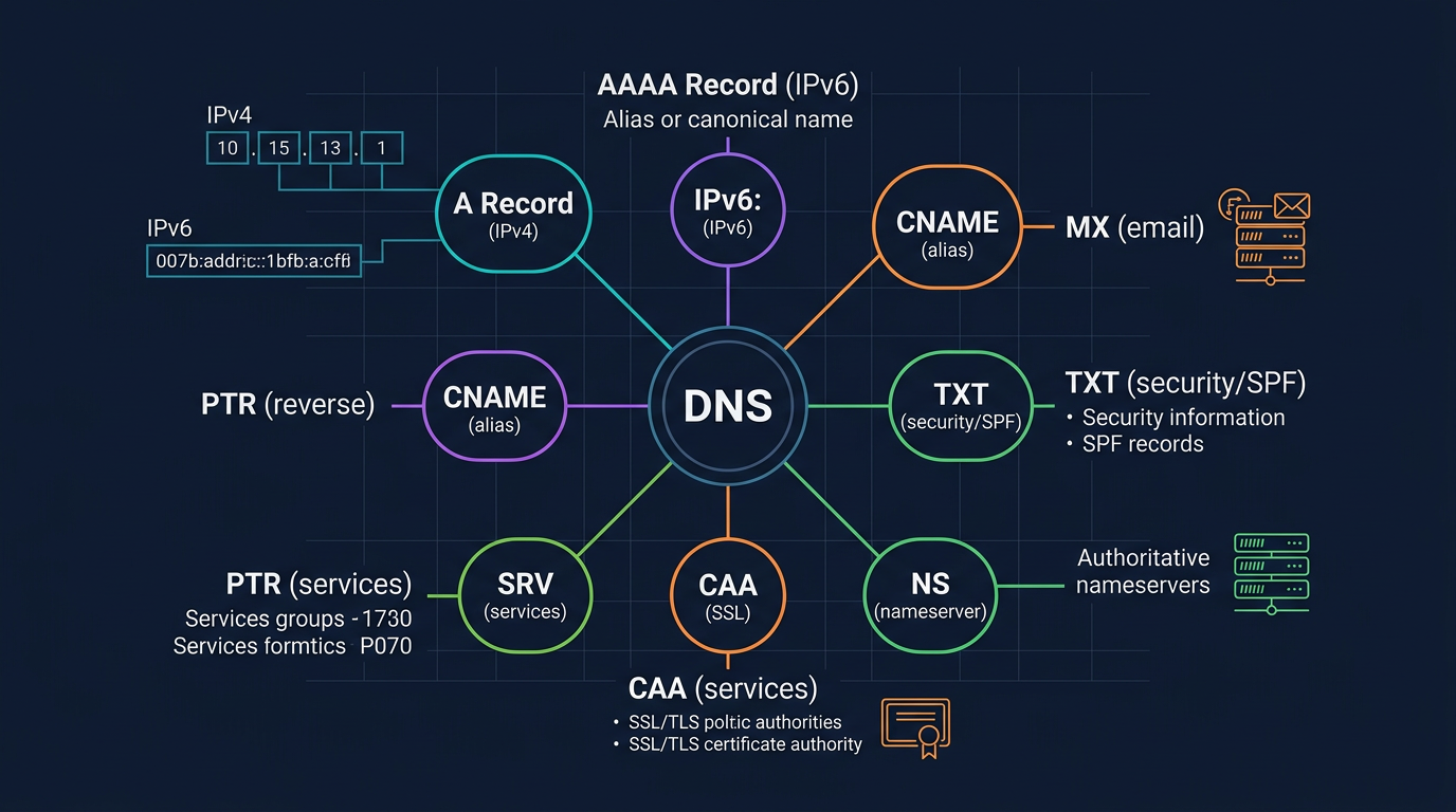 
          全面解析10种DNS记录类型的配置语法与实战场景，涵盖A/AAAA/CNAME/MX/TXT/NS/SOA/PTR/SRV/CAA记录的最佳实践，包含2024年Google邮件认证新规与47天SSL证书策略应对方案
        