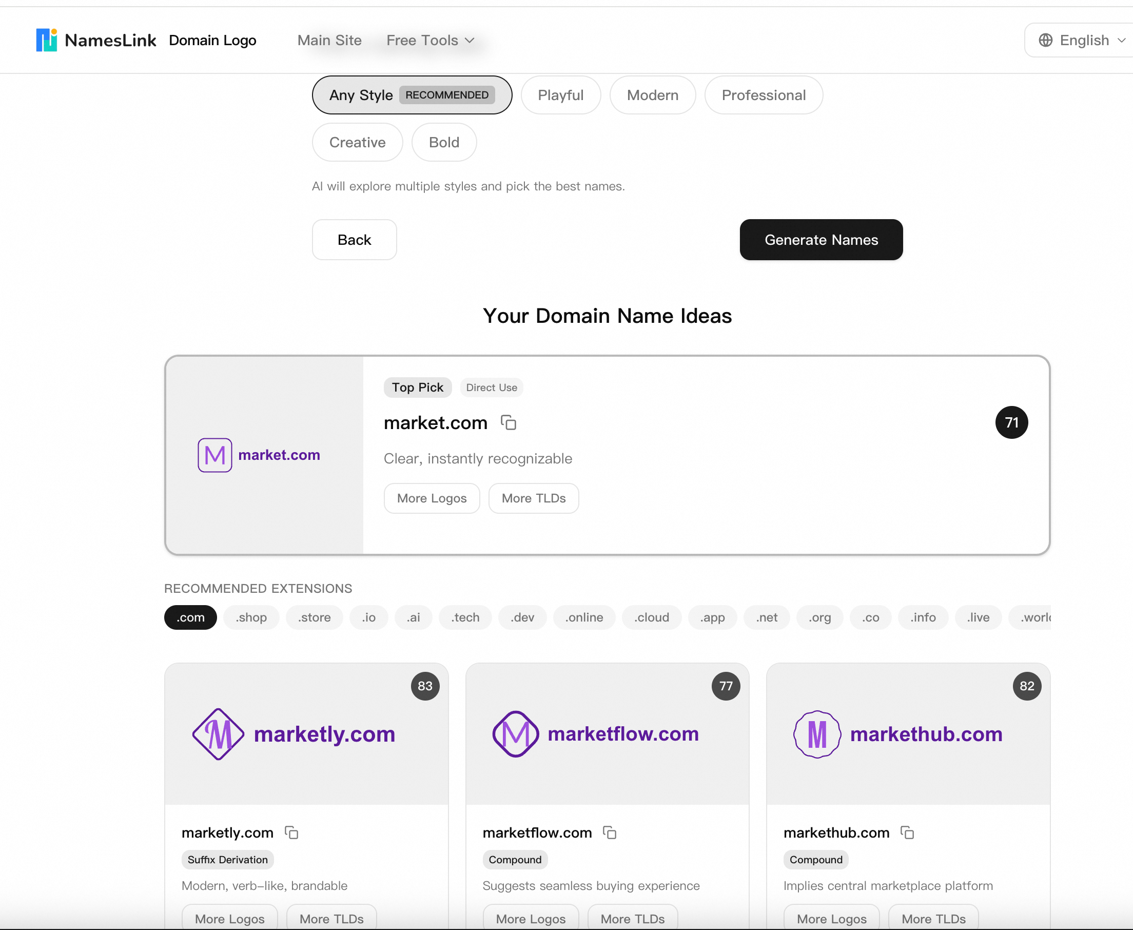 Name Generator — Enter keywords to generate brand name candidates